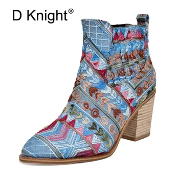 

Winter New Wool Women Ankle Boots Shoes Embroidery Ladies High Heels Western Boots Female Footwear Comfortable High-heeled Shoes