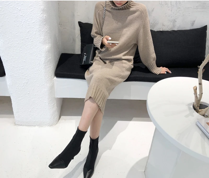 Rarove Elegant Turtleneck Knitted Dress Women Autumn Loose Female Swea