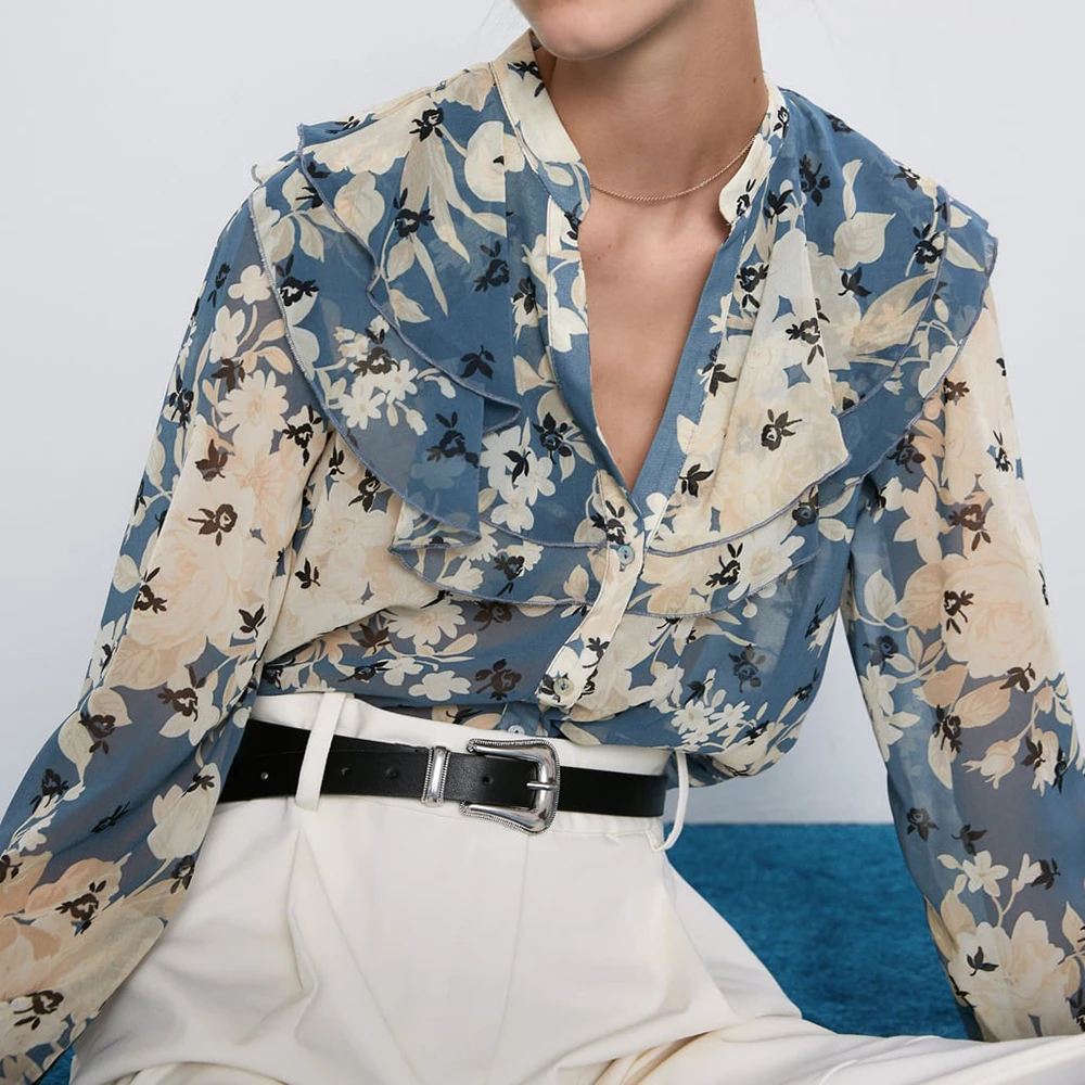 Blusa de moda ZA de manga larga con cuello alto y estampado mujer 2019 con cuello en V con decoración laminada con cierre de hebilla con encanto estilo otoño|Blusas y camisas| -