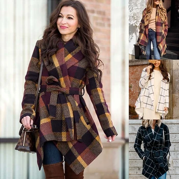 

Women Long Wool Coat Female Autumn Winter Plaid Coat Women Turn-Down Collar Loose Warm Outwear Jacket Casual Belt Trench