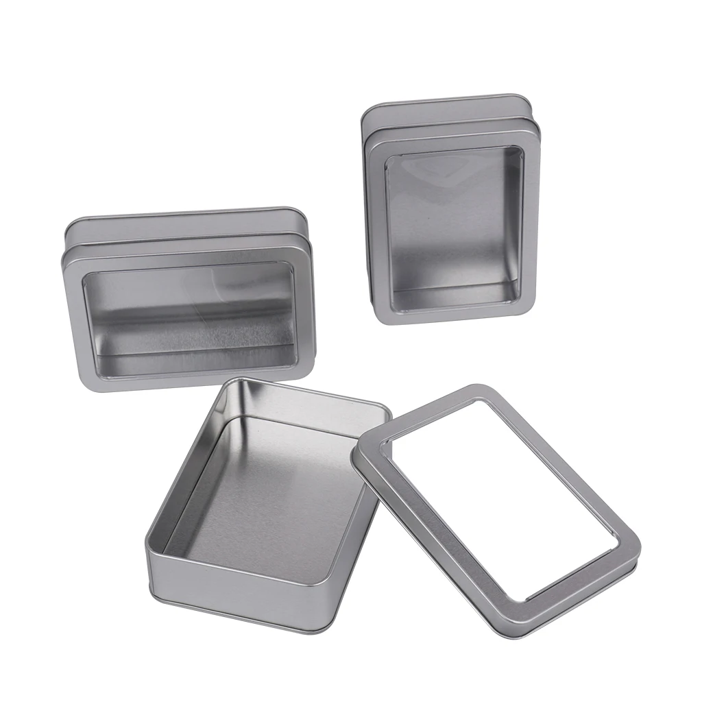 3 упаковки серебряных металлических коробок прямоугольная жестяная коробка для хранения набор контейнеров с большими прозрачными крышками для окон 4,9x3,6x1,4 дюймов