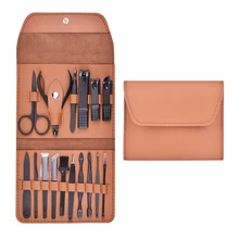 16 в 1 Профессиональная черная машинка для стрижки ногтей из нержавеющей стали, дорожный маникюрный набор для ухода за ногтями, набор для педикюра с мягкой кожаной портативной сумкой