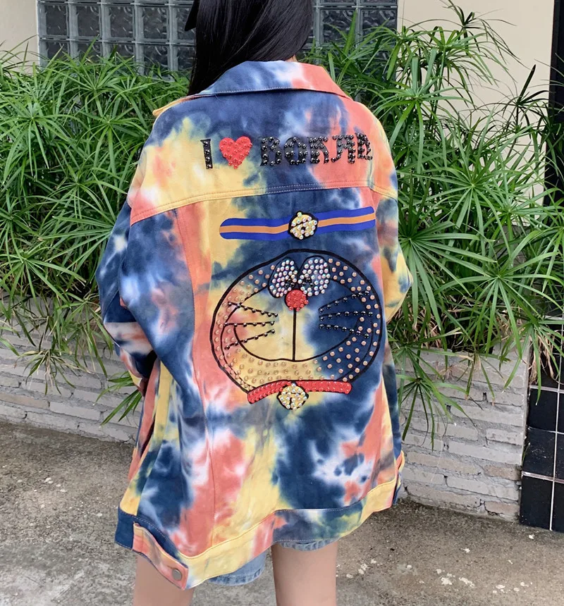 Hiphop Tide Heavy Industry Beaded Denim Jackets Women Fashion Street Tie-Dye Cartoon Print Long Sleeve Jean Coats Mujer Coat Ins |
