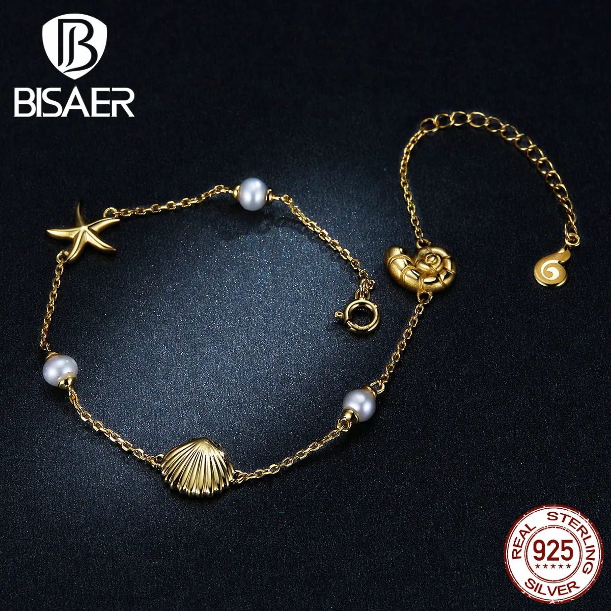 Women Bracelets BISAER 925 Sterling Silver Summer Tropical Starfish Silver Chain Bracelets for Women Silver Jewelry EFB025