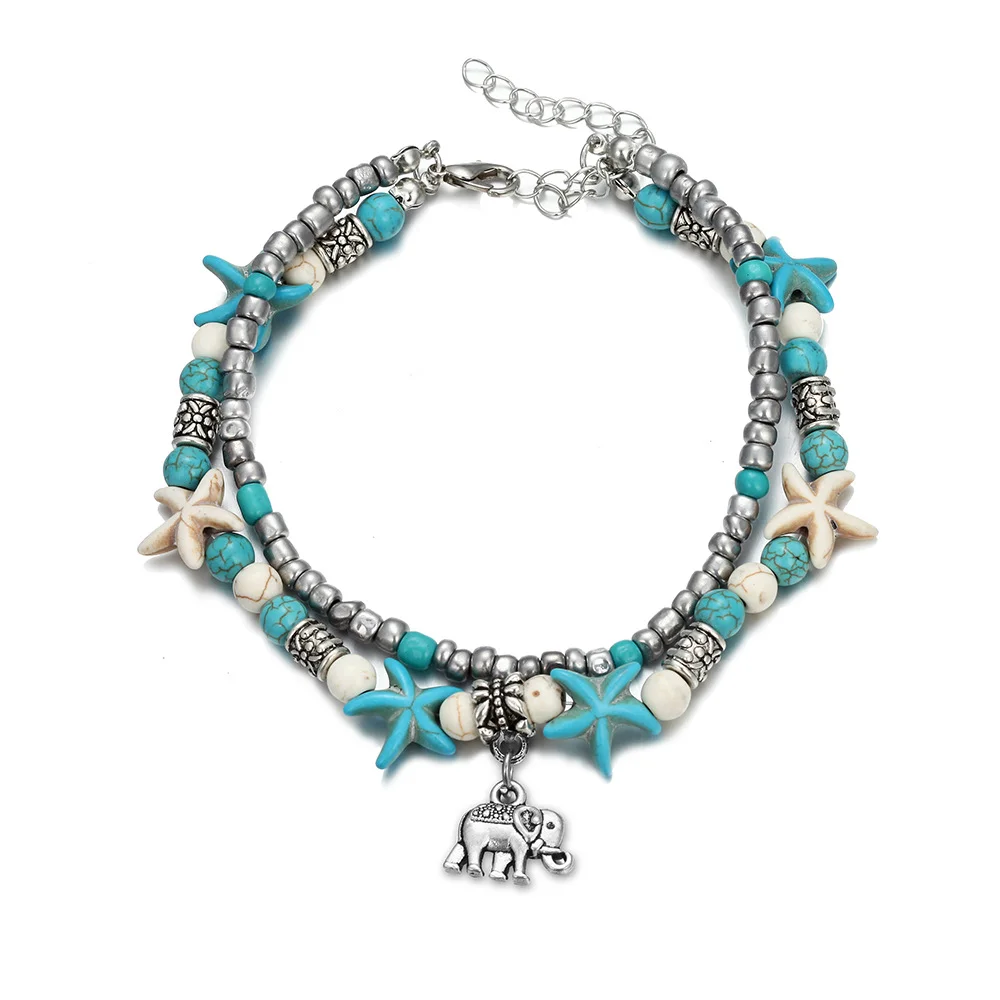 Qingwen Creative Double-layer Foot Decoration Turtle Elephant Character Pendant Starfish Beads Beach Anklet Bracelet Jewelry - Окраска металла: P5