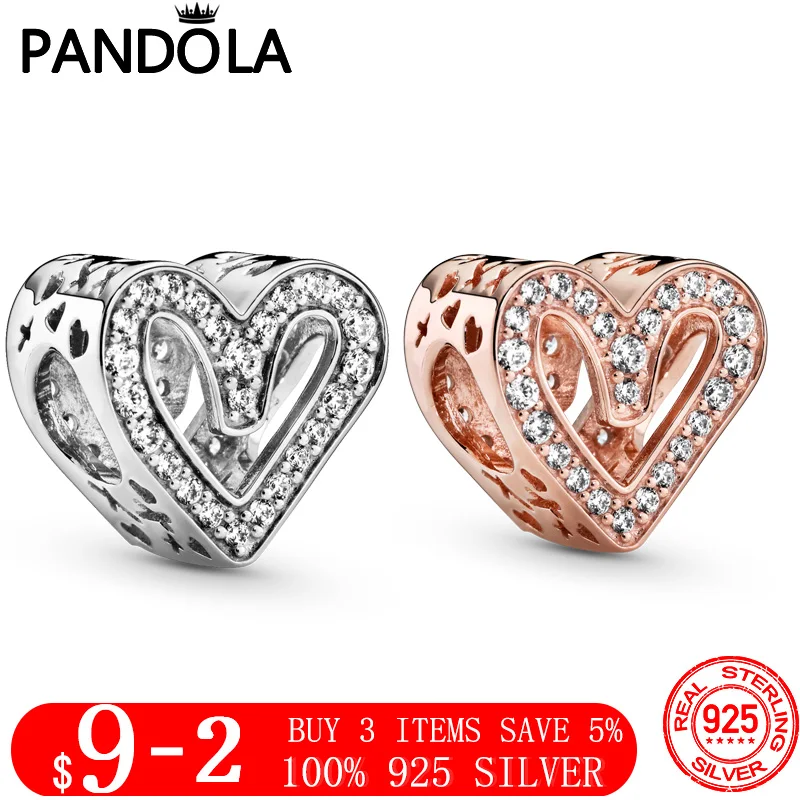 

925 Sterling Silver & Gold Color Sparkling Freehand Heart Charm Beads fit Original Pandora Bracelets 925 Silver Jewelry Gift