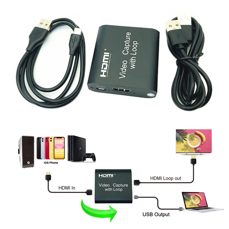 캡처 카드 1080P 4K HDMI 비디오 캡처 장치 USB 2.0 HDMI 캡처 카드 동글 게임 레코더 라이브 스트리밍 방송 루프 아웃