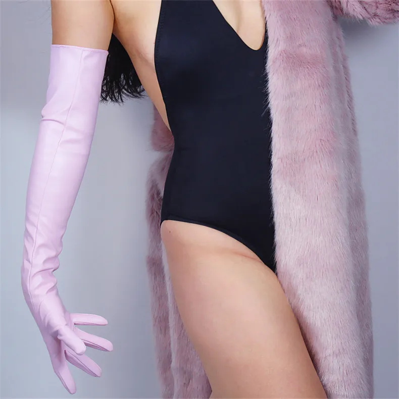 light pink 60 см длинные кожаные перчатки длинные секции Над Локоть эмуляции кожи овчины ПУ перчатки сенсорный экран белый женский WPU32-60 - Цвет: light pink