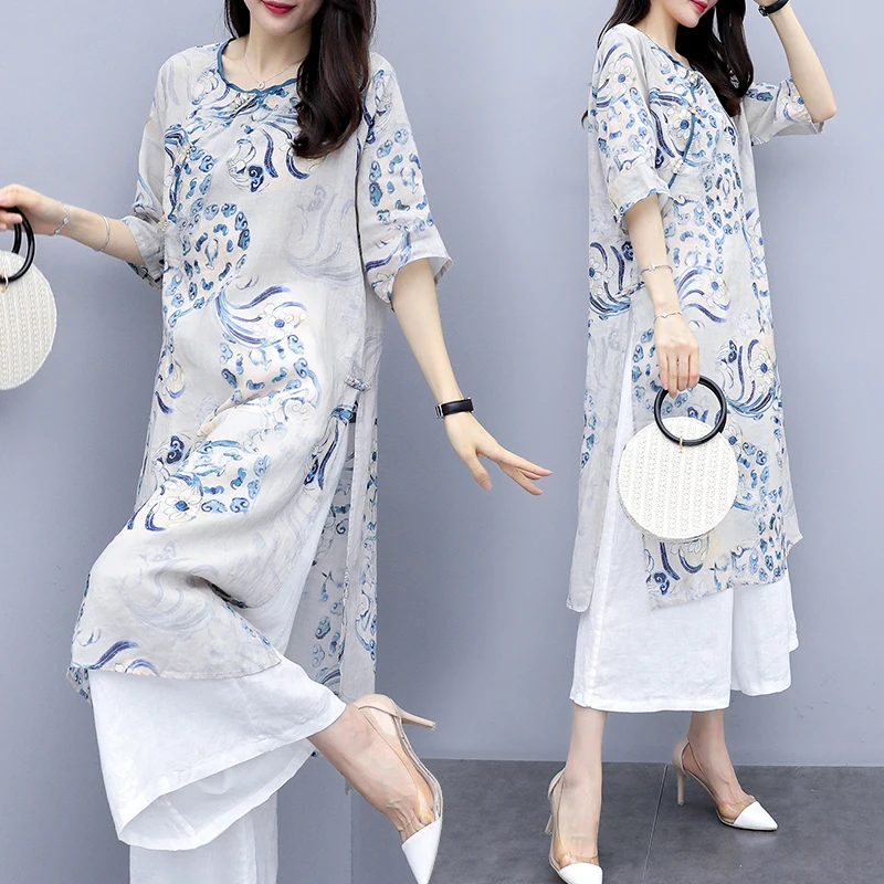 

National Style Women Cotton and Linen Wide Leg Pants Set Vintage Floral X- Long Tops Plus Size Women Casual Suit Clothing 2pcs