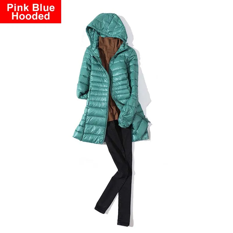 Pink Blue Hooded Winter Plus Size Womens Hoody Duck Down Jackets 3XL 4XL 7XL Mid Long Ultra Light Down Coat Hooded Puffer Jacket Autumn Parkas - Цвет: Pink Blue Hooded