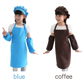 

2 set Kids Full Apron Bib Set with Pocket and Hat Sleeves Craft Kitchen Chef Cooking Art Children - Blue & Coffee
