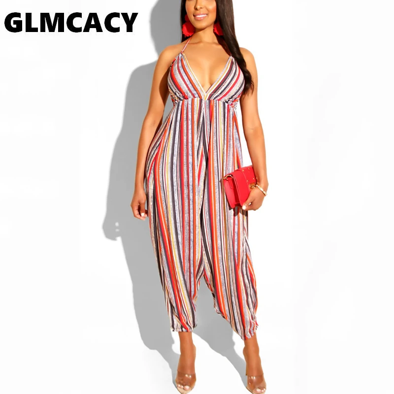 

Women Stripe Printed Picnic Backless Halter Jumpsuits Full Length Loose Casual Plunge V-neck Summer Cross-pants
