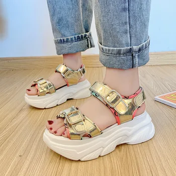 

Woman Chunky Sandals Platform Designers Fashion Punk Hook Loop Brand Female Women Casual Shoes Sport Beach Sandal Gold 5cm