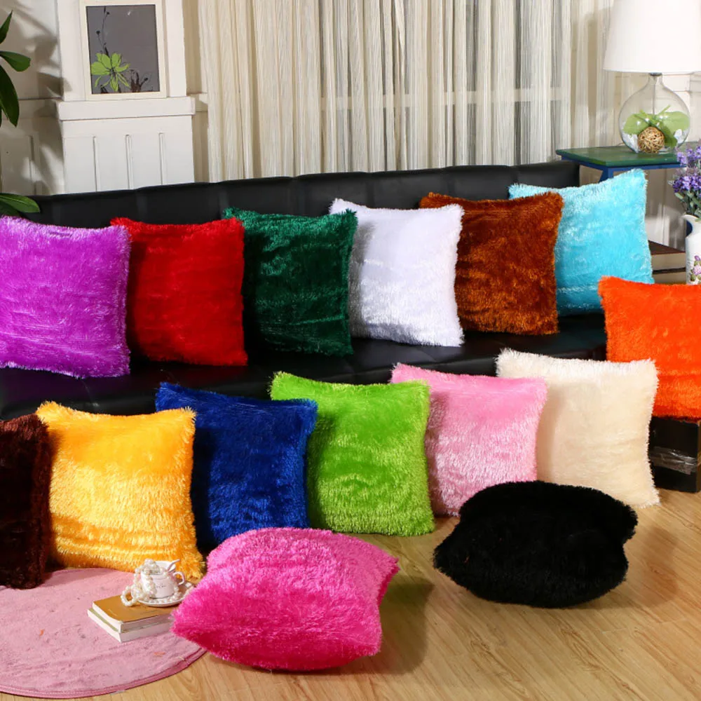 1PC Soft Plush Square Solid Waist Throw Pillow Case DIY Seat Home Decorative Pillow Cover 42cm Pom Pillowcase