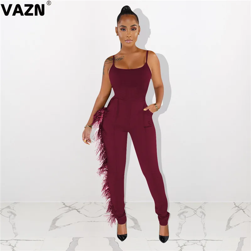 VAZN ME324 Tide Новые Сексуальные женские однотонные длинные штаны длиной до щиколотки с кисточками женские облегающие комбинезоны без рукавов с v-образным вырезом