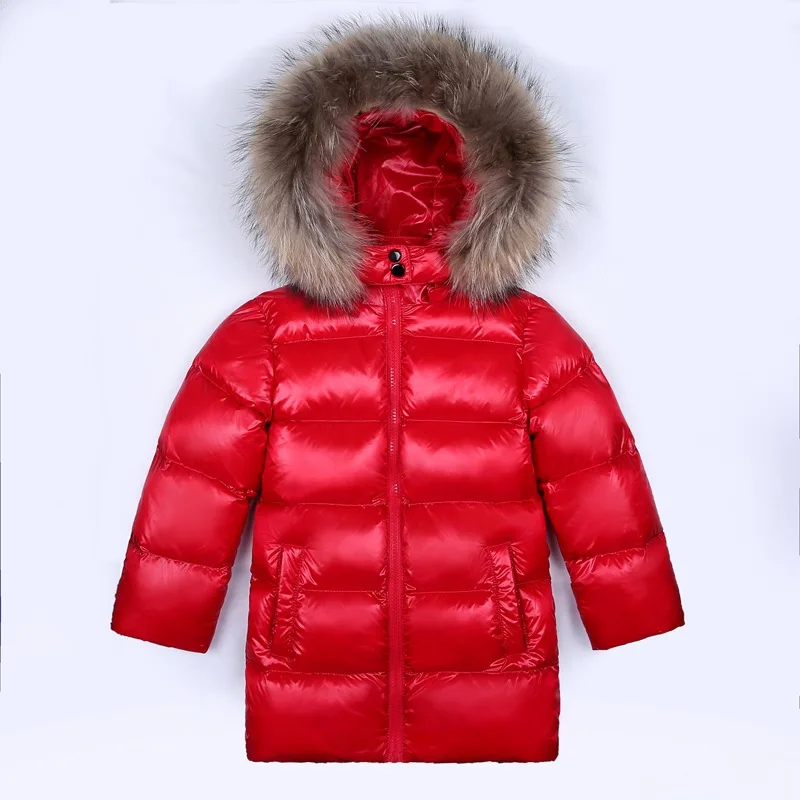 Children Winter Down Jacket Girls Boys Long Down Winter Clothing Thick Natural Large Fur Collar
