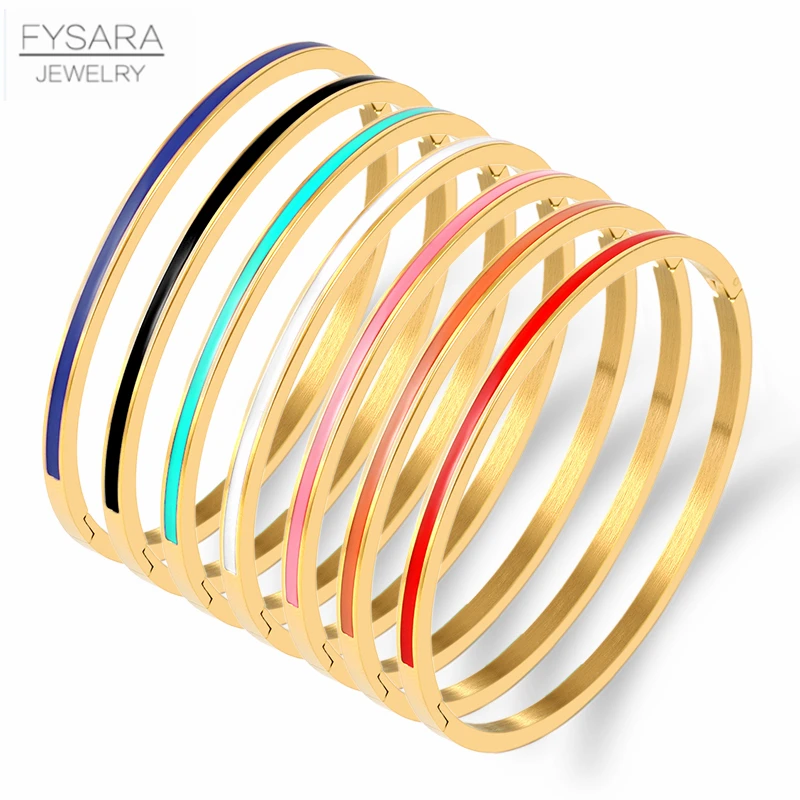 FYSARA 3mm Thin Colorful Orange Enamel Bangles Bracelets for Women Party Fashion Bangles 361L Stainless Steel Jewelry 7 Color