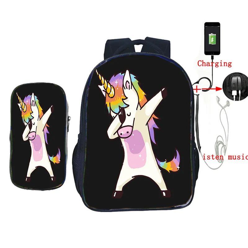 2 шт./компл. Kawaii Единорог школьная сумка USB зарядка мочилы для подростков мальчиков девочек ежедневный рюкзак дорожные сумки