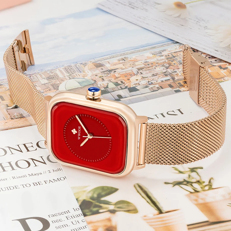 WWOOR Women Watch Dress Elegant Original Quartz Ladies Wristwatch Stainless Steel Waterproof Square Automatic Watch Montre Femme