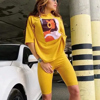 

Cartoon Printed Hoodie Tee Tops Shorts Set for Female Casual Suit Printed Short Sleeve T-Shirt Elastic Band Shorts