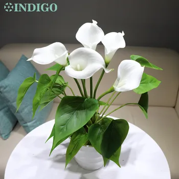 

INDIGO White Calla Bouquet (18pcs leaves + 5 Flowers+ Vase ) Tulip Real Touch Wedding Display Artificial Decoration Home