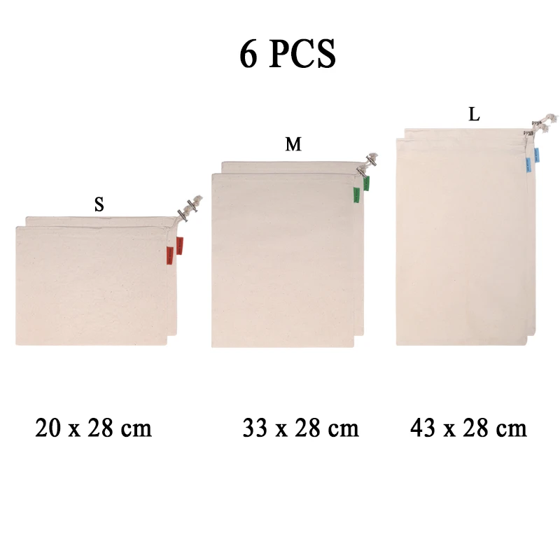 3 шт./6 шт./9 шт. Хлопковый мешок для овощей, фруктов, риса, экологически чистый с кулиской, многоразовый, моющийся для дома, шоппинга, кухни - Цвет: 6 PCS