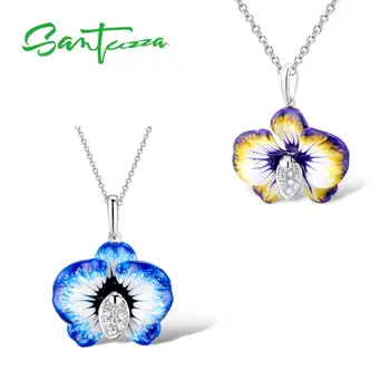 

SANTUZZA Silver Pendant For Women 925 Sterling Silver Blue Flower Dangle Pendant Cubic Zirconia brincos Chic Jewelry Enamel