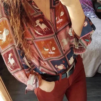 

Constellation printed silk women shirt long-sleeved Turn-down Collar casual shirt top 2020 new