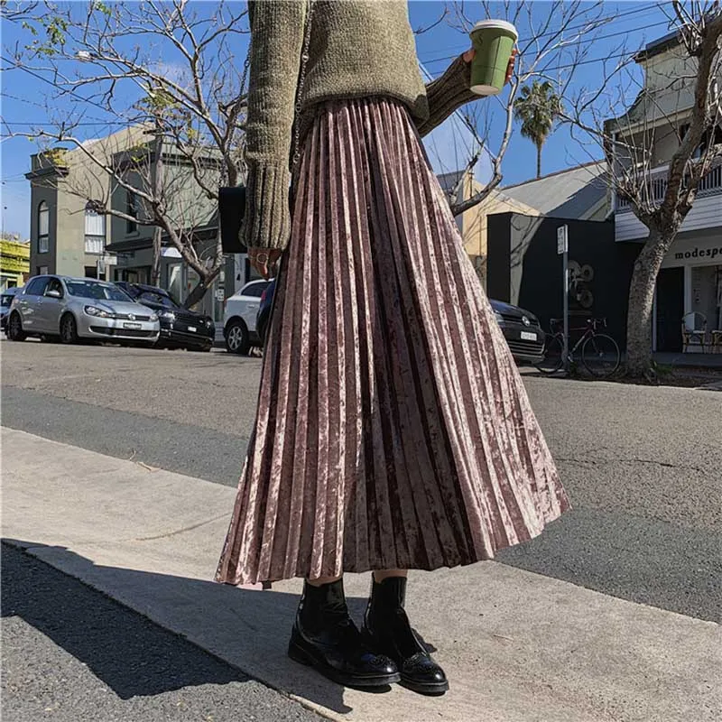 Весенне-осенняя Женская длинная Плиссированная Юбка Макси цвета металлик и серебра, юбка миди, Повседневные Вечерние юбки с высокой талией, винтажная Осенняя Теплая юбка