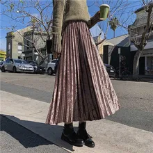 Весенне-осенняя Женская длинная Плиссированная Юбка Макси цвета металлик и серебра, юбка миди, Повседневные Вечерние юбки с высокой талией, винтажная Осенняя Теплая юбка