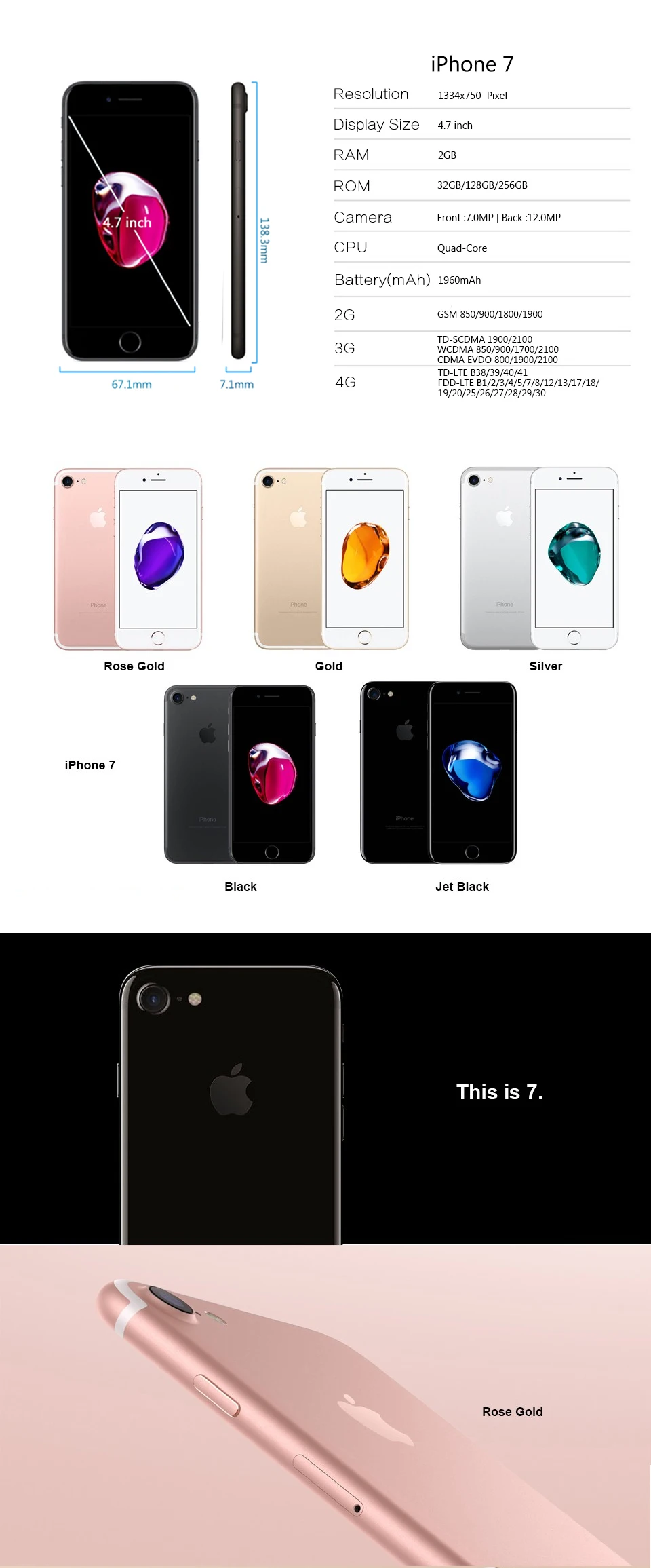 Разблокированный Apple iPhone 7, сеть 4G LTE, мобильный телефон на 32/128 ГБ 1960mA 12.0MP Камера Quad-Core отпечатков пальцев 12MP оригинальные, фабричные, по цене производителя, 99