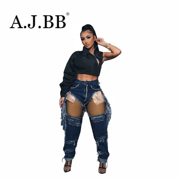 

2020 new fashion solid color perforated jeans slim high waisted button women's tassel Leggings