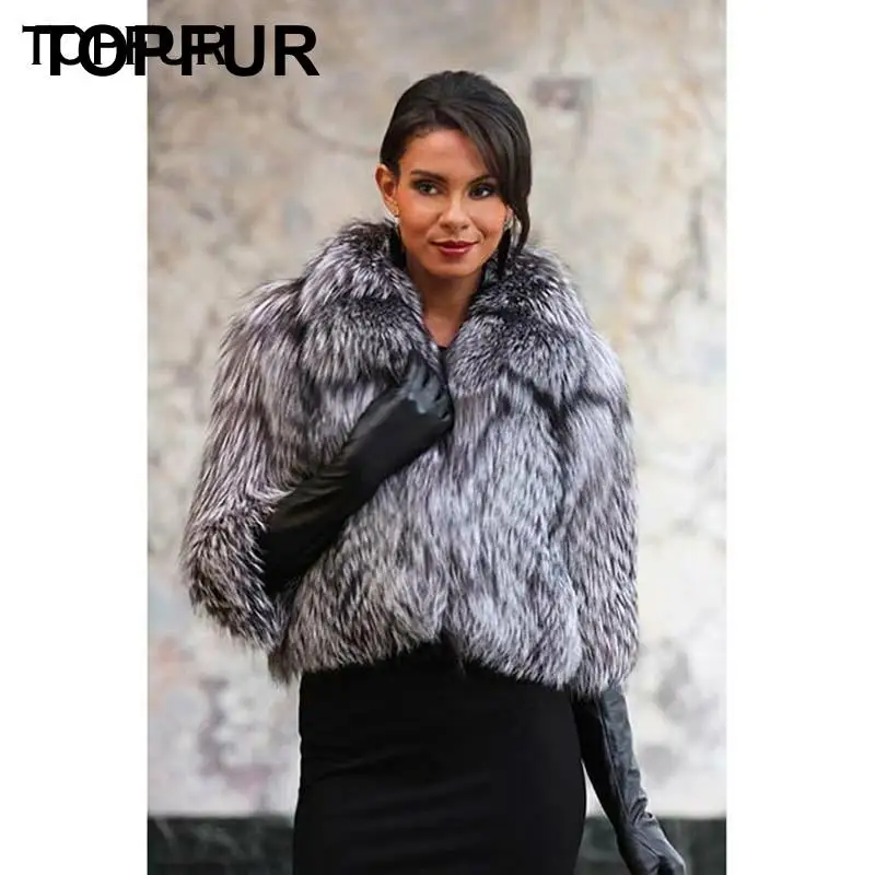 

TOPFUR New Style Women Winter Real Fur Coat Fashion Winter Natural Silver Fox Fur 50 cm Short Jacket Luxury Warm Fox Fur Coat