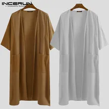 Мужской кардиган, Повседневный, стильный, с рукавом семь четвертей, однотонное, длинное пальто, осенняя тонкая уличная, свободная верхняя одежда, INCERUN, плюс размер 7