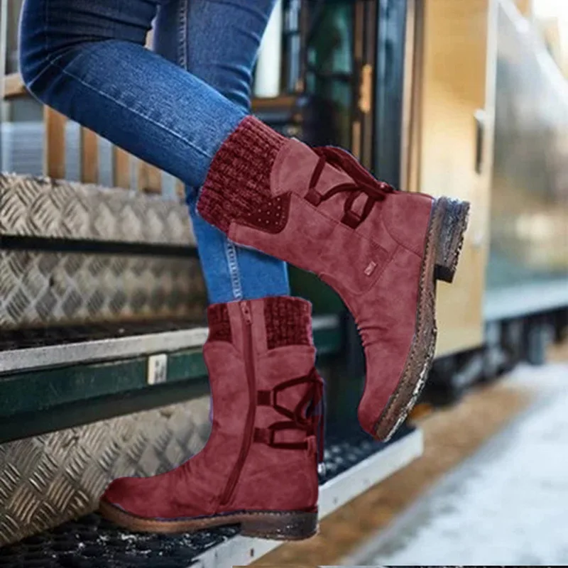

DIHOPE 2020 Women Boots Autumn PU Mid-Calf Boots With Back Lace-up Design Boots Solid Color Low Heels Shoes Botas Mujer