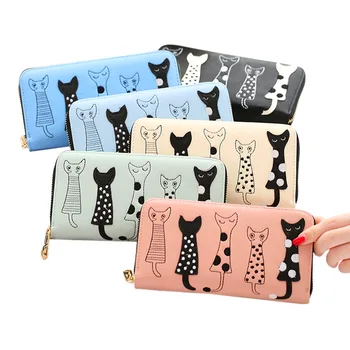 

New Women Cat Cartoon Wallet Long Casual Zip Clutch PU Leather Coin Purse ID Cards Holder NIN668
