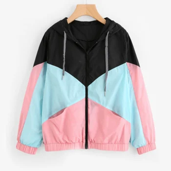 

Women Autumn Colorblock Zipper Closure Jacket Drawstring Hat Workout Jogging Loose Outerwear Leisure Warm Coat1