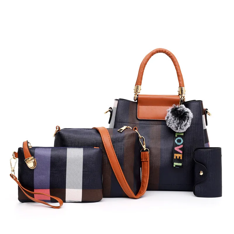 

New Style Fashion Contrast Color Stripes WOMEN'S Bag Women's Hand Shoulder Different Size Bags Four-piece Set Furry Ball Large B