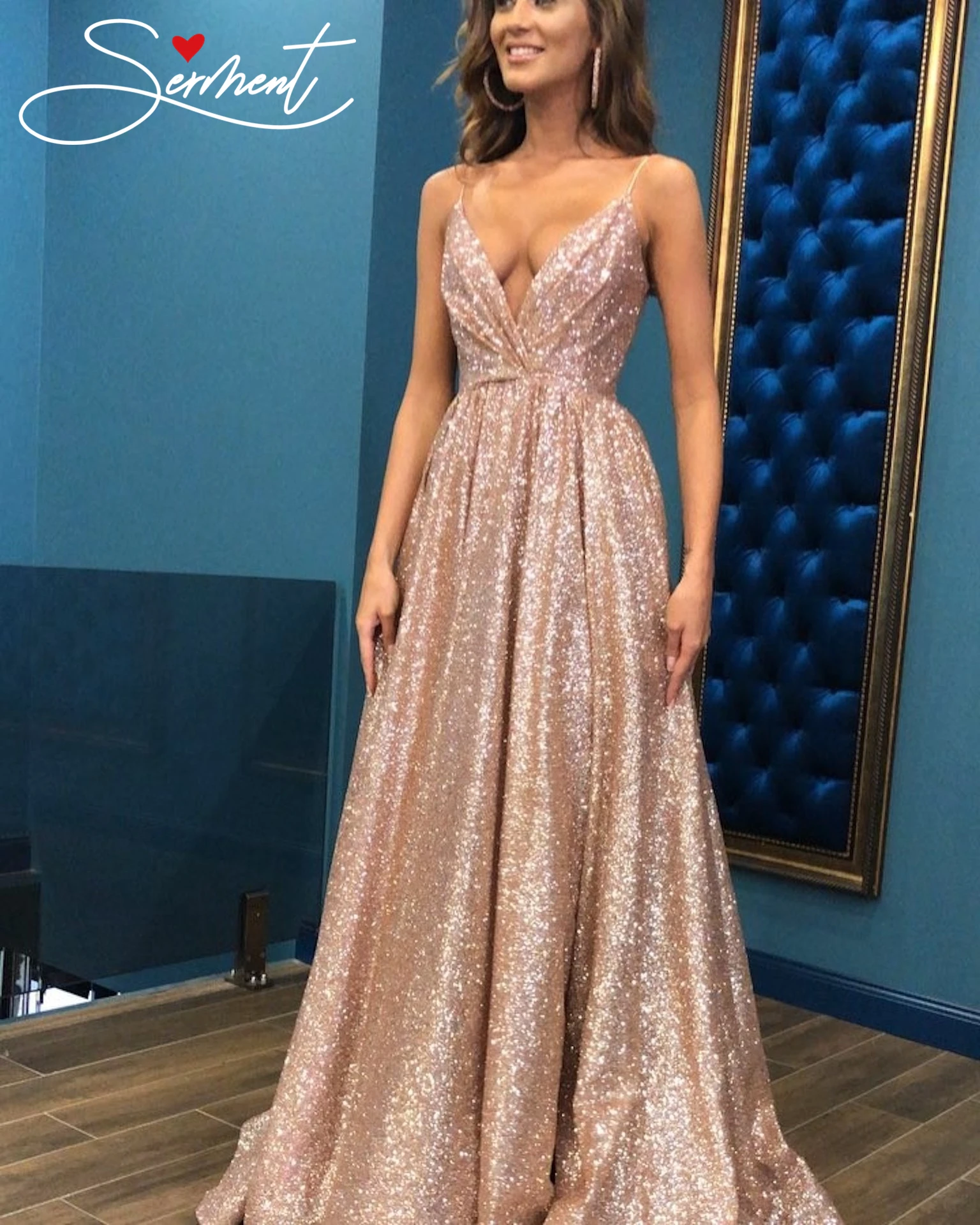 

SERMENT Autumn New Women's Explosion Models Sexy Sling Deep V-neck Gold Evening Dress Dress Suitable for Formal Evening Clubs