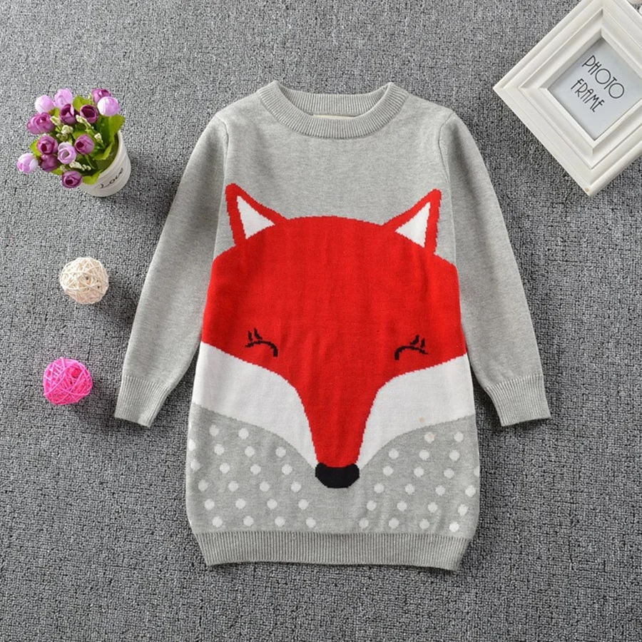 2020 New Girl Sweater Dress Printed Fox Girl Casual Pullover Long