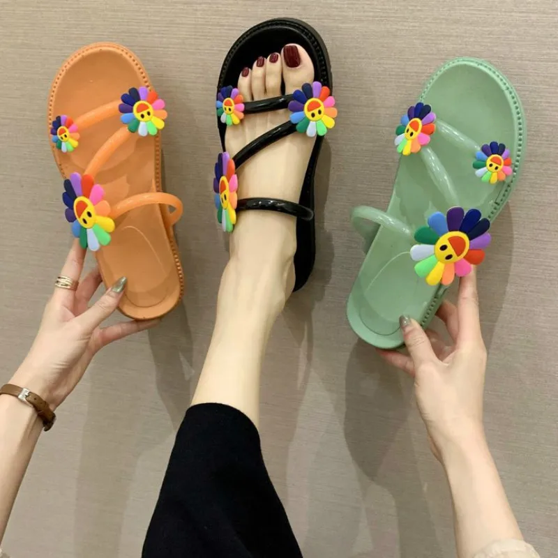 

Fashion The New Slippers Women Summer Leisure Outside Solid Color Sun Flower Slides Low 1cm-3cm Flat With Non-Slip High Quality