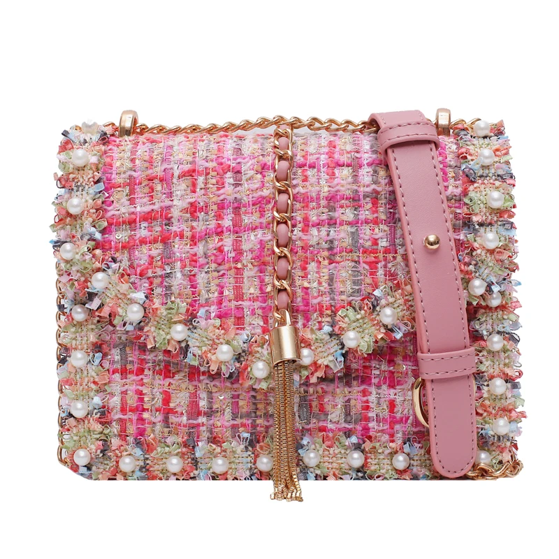 

2019 New Cotton Linen Leather Tote Designer Tassel Handbag Women Shoulder Small Square Bag Pearl Decoration Chain Crossbody Bag