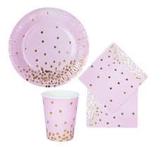 8 шт одноразовые наборы посуды, розовые, розовые, золотые, фольга, бумажные тарелки/чашки/салфетки, свадебные, вечерние, экологичные