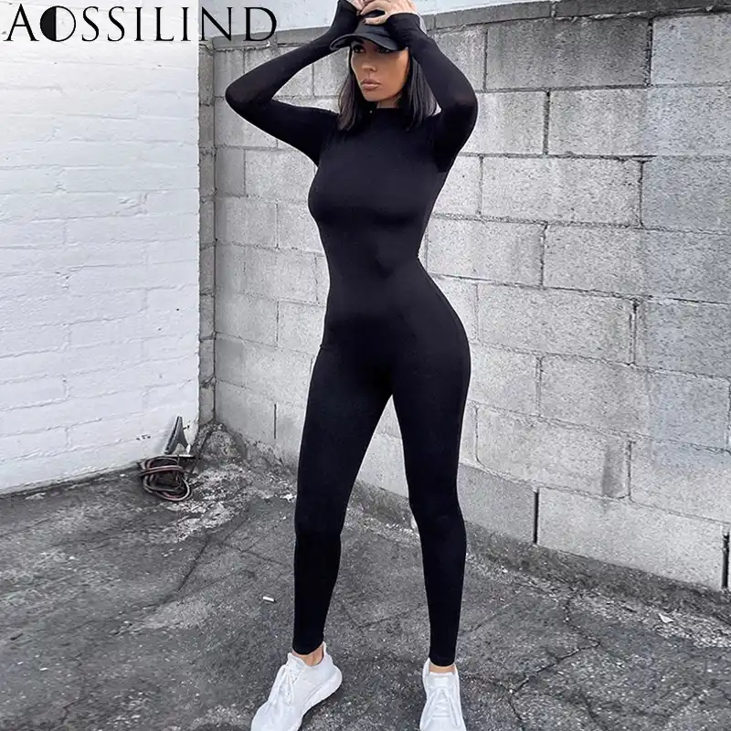 Aossilind 黒タートルネックスキニーカジュアルスーツレディースロングスリーブバックジッパースポーツウェア女性のワークアウトボディコンオーバーオール Aliexpress