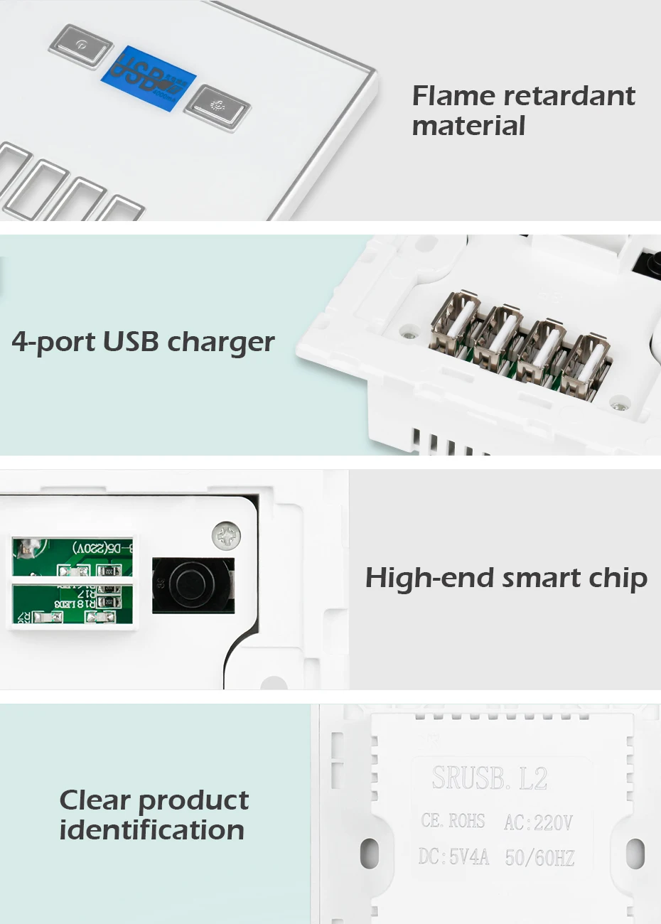 Minitiger Best 4-PORT USB Port 4A Wall Charger Adapter EU Plug Socket Power Outlet Panel Electric Wall Charger Adapter Charging