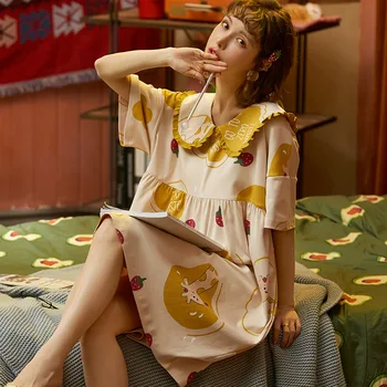 

2020 Summer Cotton Cute Women Nightdress Cartoon Nightgown Turn-down Collar Short Sleeve Sleepwear Girl Lady Female Nightwear