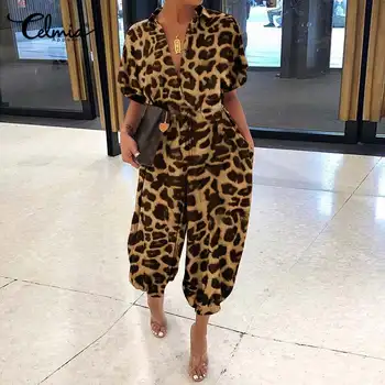 

Fashion Women Vintage Jumpsuits Celmia Summer Short Sleeve Leopard Print Sexy Rompers Casual Loose Buttons Plus Size Cargo Pants