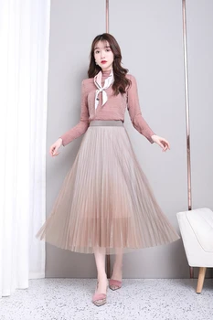 

2020 new high waist slimming gradient mesh skirt Korean pleated skirt A-line skirt casual banquet skirt