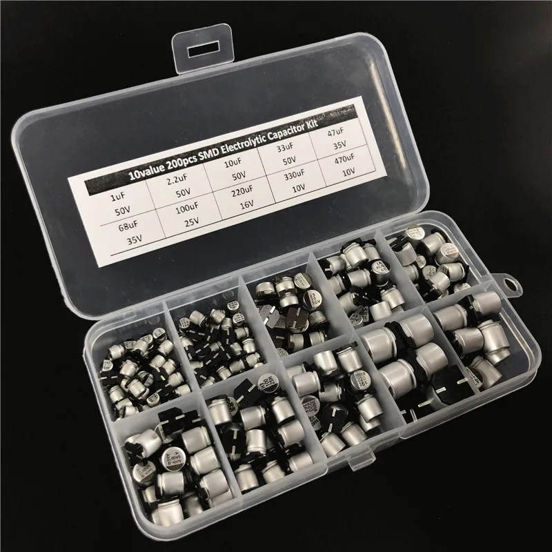 Ceny 10 wartości 200 sztuk SMD zestaw mieszanych kondensatorów elektrolitycznych 10V ~ 50V 1uF ~ 470uF ze schowkiem