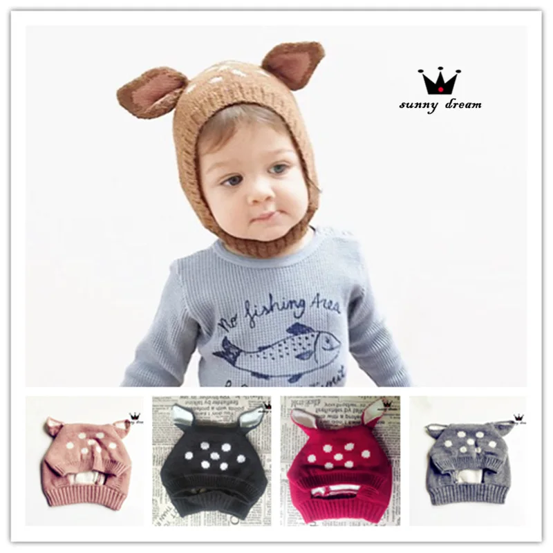 

Europe And America Baby Bambi Knitted Hat Wool Cap Children 6 Months-3-Year-Old Set of Head Cap Infant Earmuff Hat
